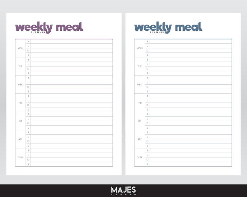 May include: Two printable weekly meal planner pages. The left page has a purple title and the right page has a blue title. Both pages have the days of the week listed with space for writing in meals.