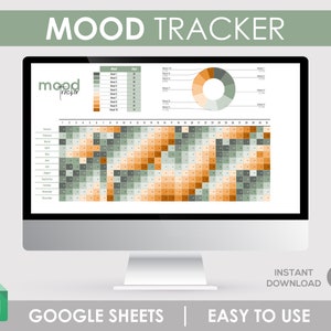 May include: A computer screen displaying a Google Sheets mood tracker spreadsheet. The spreadsheet has a calendar view with colored squares representing mood levels. The spreadsheet also includes a pie chart showing the percentage of days in each mood level. The text "MOOD TRACKER" is displayed at the top of the screen. The text "GOOGLE SHEETS | EASY TO USE" is displayed at the bottom of the screen.