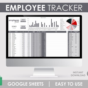 May include: A computer screen displaying a Google Sheets spreadsheet with the title "Employee Tracker". The spreadsheet includes columns for date, employee, in, out, total hours, sales, sales/hour, total payment, and notes. The spreadsheet also includes a bar chart showing total hours worked and a pie chart showing total spent.