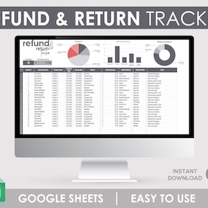 May include: A computer screen displaying a Google Sheet spreadsheet with a refund and return tracker. The spreadsheet includes columns for order ID, customer name, product name, return date, reason, refund amount, refund method, refund status, and notes. The spreadsheet also includes a chart showing the total number of refunds and returns.