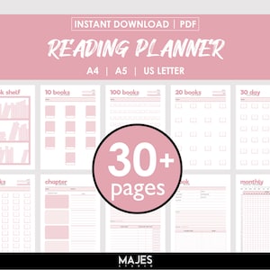 May include: A pink and white Reading Planner with the text "Reading Planner" and "Instant Download | PDF". The planner includes pages for tracking books, chapters, and monthly reading progress. It has over 30 pages and is available in A4, A5, and US Letter sizes.