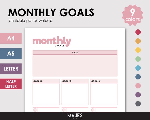 Monthly Goal Planner Printable, Undated Template (Digital Download)