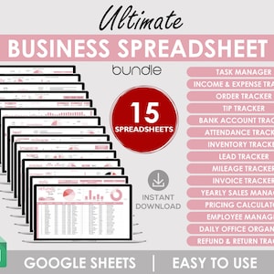 Può includere: Una grafica rosa e bianca con il testo "Ultimate Business Spreadsheet Bundle" e "15 Spreadsheets". La grafica mostra una collezione di 15 fogli di calcolo di Google Sheets per attività aziendali, tra cui un gestore di attività, un tracker di entrate e spese, un tracker di ordini, un tracker di mance, un tracker di conti bancari, un tracker di presenze, un tracker di inventario, un tracker di lead, un tracker di chilometraggio, un tracker di fatture, un gestore di vendite annuali, un calcolatore di prezzi, un gestore di dipendenti, un organizzatore di ufficio giornaliero e un tracker di rimborsi e resi.