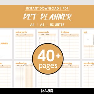 May include: A printable pet planner with 40+ pages. The planner includes sections for pet growth, commands, training, pet info, symptoms, medication, worming, and vaccination. The planner is available in A4, A5, and US Letter sizes.