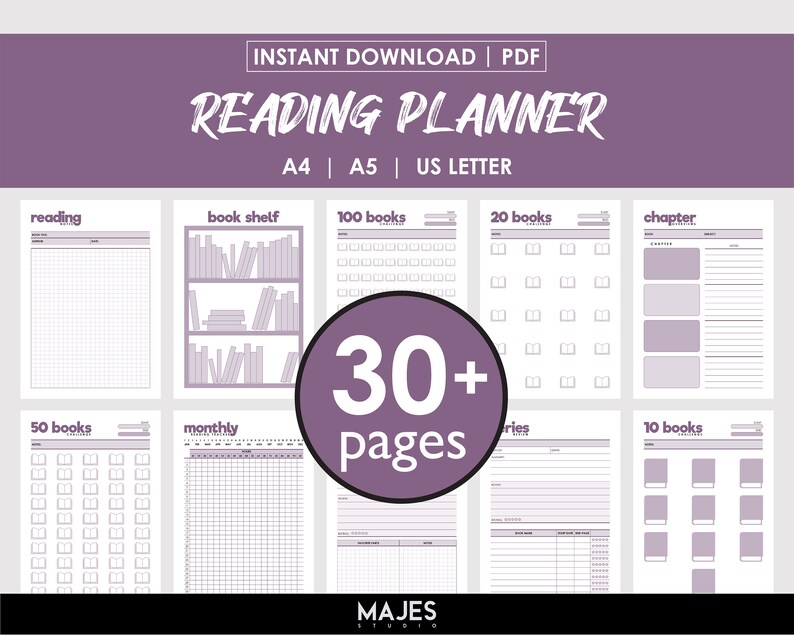 Pu&ograve; includere: Un planner di lettura stampabile con oltre 30 pagine, che include una variet&agrave; di modelli per tenere traccia dei libri, dei capitoli e degli obiettivi di lettura mensili. Il planner include pagine per 100 libri, 50 libri, 20 libri, 10 libri e un registro di lettura mensile. Il planner &egrave; progettato in uno schema di colori lilla chiaro e bianco.