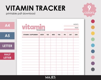 Utskrivbar vitaminspårare, hälso- och välbefinnandeplanerare (digital nedladdning)