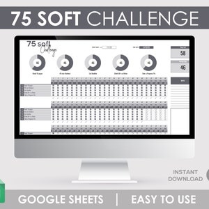 Op de afbeelding: Een computerscherm dat een Google Sheets-spreadsheet weergeeft met een 75 Soft Challenge-tracker. De spreadsheet bevat secties voor lezen, trainen, gezond eten, water drinken en het maken van voortgangsfoto's. Het scherm toont ook een voortgangsbalk en een notitiesectie.