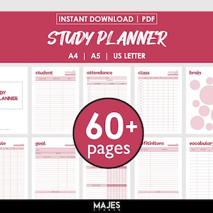 Peut inclure: Un planificateur d'études imprimable rose et blanc avec le texte "STUDY PLANNER" et "60+ pages". Le planificateur comprend des sections pour les informations des étudiants, la présence, l'horaire des cours, le vidage de cerveau, l'horaire, les objectifs, les définitions et le vocabulaire.