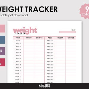 May include: Printable weight tracker in pink and white with a table to track weight and change over 41 weeks. The tracker is available in 9 colors.