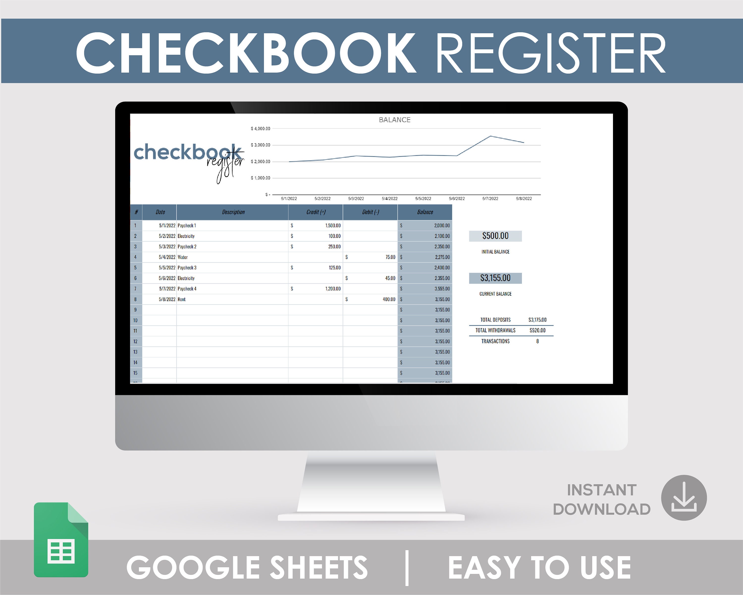 Digital Checkbook, Checkbook Register, Check Register, Transaction Register, Expense Tracker