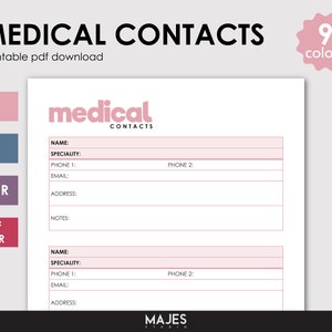 Medical Contact List, Doctor Contacts, Medical Information, Family Planner, Psychiatrist, Neurologist, Radiologist, Cardiologist