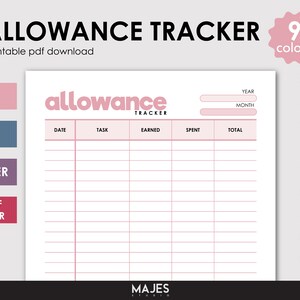 May include: Printable allowance tracker with a pink and white design. The tracker has columns for date, task, earned, spent, and total. The tracker also has a space for the year and month. The tracker is available in 9 colors.