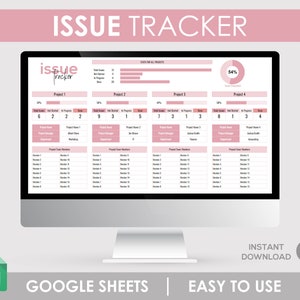 Puede incluir: Un monitor de computadora que muestra una plantilla de seguimiento de problemas en rosa y blanco. La plantilla es para Google Sheets e incluye secciones para detalles del proyecto, miembros del equipo y seguimiento del progreso. El texto en la pantalla dice "ISSUE TRACKER", "GOOGLE SHEETS" y "EASY TO USE".