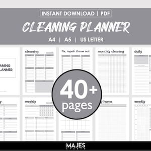 May include: A printable cleaning planner with 40+ pages. The planner includes sections for daily, weekly, monthly, and home cleaning tasks. The planner is available in A4, A5, and US Letter sizes.