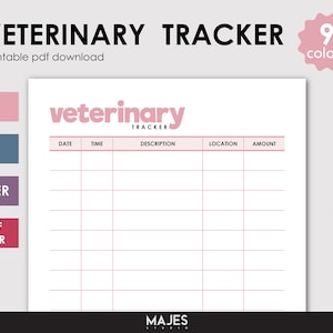May include: Printable veterinary tracker with columns for date, time, description, location, and amount. The tracker is in a pink and white color scheme with the word "veterinary" in pink at the top.