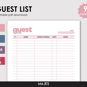 May include: Printable guest list template with a pink and white color scheme. The template has columns for name, contact details, RSVP, and notes. The text "guest list" is at the top of the page.