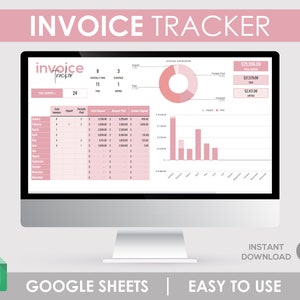 Może przedstawiać: Ekran komputera wyświetlający arkusz kalkulacyjny Google Sheets w różowo-białym schemacie kolorów. Arkusz kalkulacyjny nosi tytuł "Invoice Tracker" i zawiera kolumny dla numeru faktury, łącznej kwoty, kwoty zapłaconej i kwoty kwestionowanej. Arkusz kalkulacyjny zawiera również wykres kołowy i wykres słupkowy wizualizujące dane faktur.