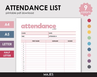Printable Attendance Tracker, Homeschool & School, 9 Colors (Digital Download)