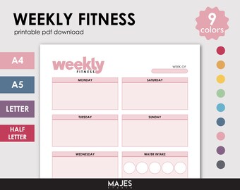 Weekly Fitness Planner Printable, 9 Colors (Digital Download)