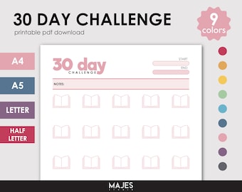 May include: Printable 30-day challenge tracker with a pink and white color scheme. The tracker features a book icon for each day of the challenge. The text "30 day challenge" is at the top of the page. The text "START" and "END" are at the top of the page. The text "NOTES" is at the top of the page. The text "MAJES STUDIO" is at the bottom of the page.
