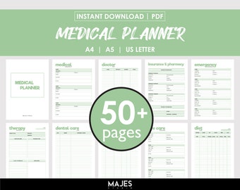 May include: A printable medical planner with 50+ pages. The planner includes sections for medical information, doctor appointments, insurance and pharmacy, emergency contacts, therapy, dental care, diet, and other health-related information. The planner is available in A4, A5, and US Letter sizes.