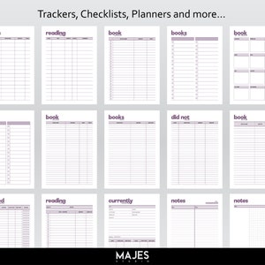Pu&ograve; includere: Un set stampabile di 12 tracker, checklist e pianificatori con titoli come "citazioni", "lettura", "libri", "non fatto", "finito", "attualmente" e "note".