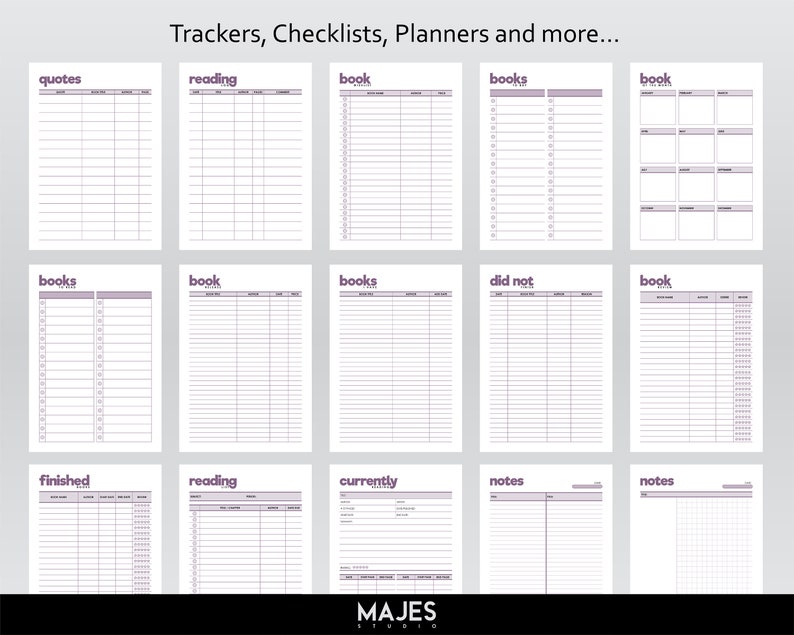 Pu&ograve; includere: Un set stampabile di 12 tracker, checklist e pianificatori con titoli come "citazioni", "lettura", "libri", "non fatto", "finito", "attualmente" e "note".