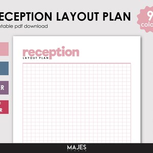 Puede incluir: Plantilla de plano de diseño de recepción imprimible con un patrón de cuadrícula. La plantilla está disponible en 9 colores y en varios tamaños: A4, A5, Letter y Half Letter. La plantilla tiene el texto "reception layout plan" en la parte superior.