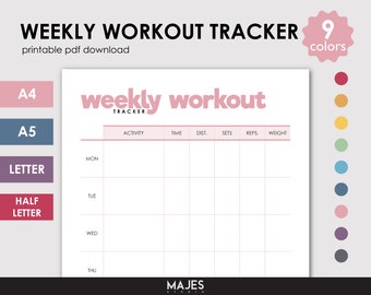 Weekly Workout Tracker, Fitness Planner, 9 Colors (Printable PDF)