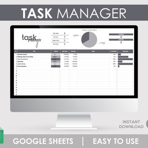 May include: A computer screen displaying a Google Sheets spreadsheet with a task manager template. The spreadsheet has columns for task, priority, start date, due date, notes, % complete, and progress. The spreadsheet also has a tasks overview section with a pie chart showing the number of tasks in progress and completed.