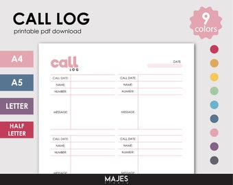 Könnte beinhalten: Druckbare Anrufprotokoll-Vorlage in den Größen A4, A5, Letter und Half Letter. Die Vorlage hat ein rosa-weißes Farbschema mit dem Wort "call" in einem rosa Kreis. Die Vorlage enthält Abschnitte für Anrufdatierung, Name, Nummer und Nachricht.