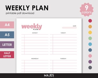Colorful Weekly Planner Printable, Undated Schedule (Digital Download)