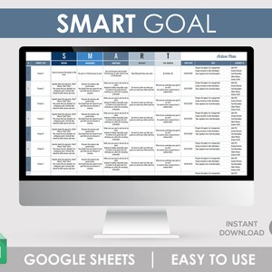 May include: A computer screen displaying a Google Sheet template for setting SMART goals. The sheet includes columns for specific, measurable, achievable, relevant, and time-bound goals, as well as an action plan.