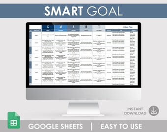 Könnte beinhalten: Ein Computerbildschirm zeigt eine Google Sheet-Vorlage zum Setzen von SMART-Zielen. Die Tabelle enthält Spalten für spezifische, messbare, erreichbare, relevante und zeitgebundene Ziele sowie einen Aktionsplan.