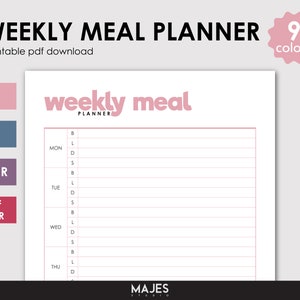 May include: A printable weekly meal planner in A4, A5, Letter, and Half Letter sizes. The planner has a pink and white color scheme and includes spaces for breakfast, lunch, dinner, and snacks for each day of the week.
