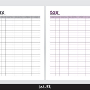 May include: A printable tax deductions tracker with columns for receipt, date, description, send location, category, and amount. The tracker is designed to help people keep track of their tax deductions.