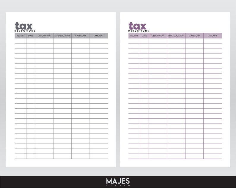 May include: A printable tax deductions tracker with columns for receipt, date, description, send location, category, and amount. The tracker is designed to help people keep track of their tax deductions.