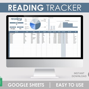 Op de afbeelding: Een computerscherm dat een Google Sheets-spreadsheet met een leestracker weergeeft. De spreadsheet bevat kolommen voor boektitel, auteur, genre, type, uitgelijnd, aantal pagina's, startdatum, einddatum, aantal dagen, hoofdonderwerp en beoordeling. De spreadsheet bevat ook grafieken die een overzicht van het genre, de verwerving en het lezen weergeven.