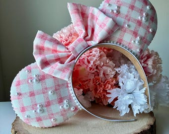 Pink Gingham Handmade Ears with Embellished Pearls