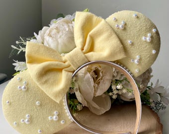 Butter Yellow Flannel Ears with Bow and Embellished Pearls - Handmade Ears