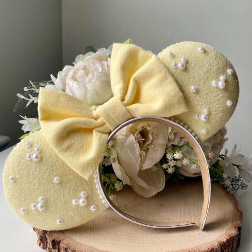 Butter Yellow Flannel Ears With Bow and Embellished Pearls  display picture 2