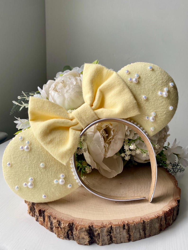 Butter Yellow Flannel Ears with Bow and Embellished Pearls - Handmade Ears image 1