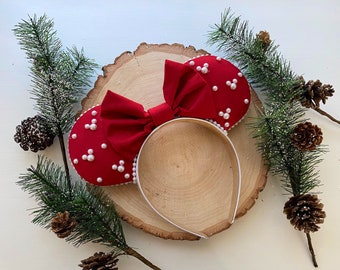 Candy Apple Red Ears with Candy Apple Red Bow and Embellished Pearls - Handmade Ears