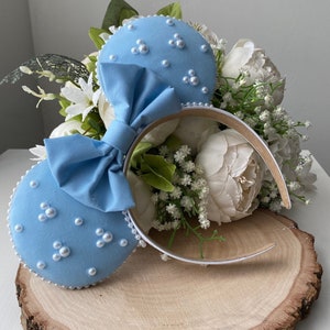 Pastel Blue Ears with Pastel Blue Bow and Embellished Pearls - Handmade Ears