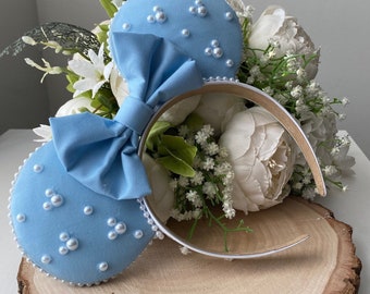 Pastel Blue Ears with Pastel Blue Bow and Embellished Pearls - Handmade Ears