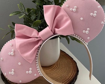 Pastel Pink Ears with Pastel Pink Bow and Embellished Pearls - Handmade Ears