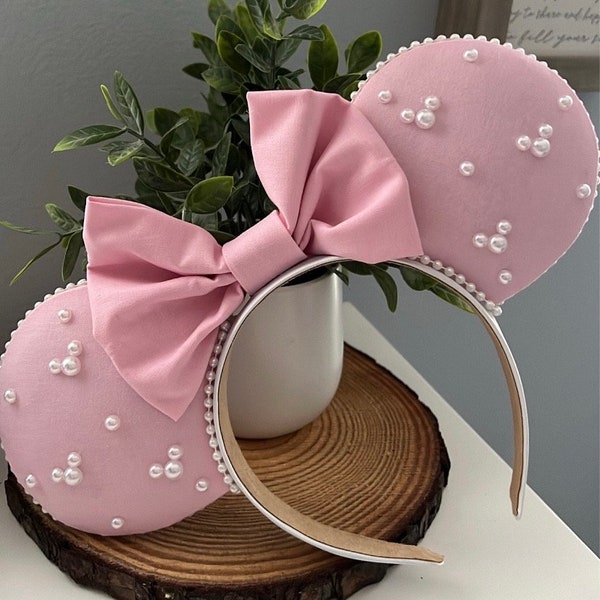 Pastel Pink Ears with Pastel Pink Bow and Embellished Pearls - Handmade Ears