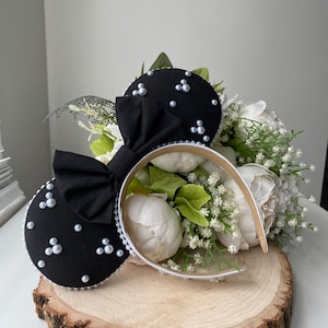 Black Ears with Black Bow and Embellished Pearls - Handmade Ears