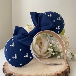 Navy Ears with Matching Navy Bow and Embellished Pearls - Handmade Ears