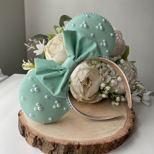 Mint Green Ears with Mint Green Bow and Embellished Pearls - Handmade Ears